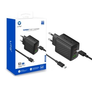 Incarcator pentru Priza, 1x USB, 2x USB-C, 65W, Cablu USB-C Inclus, Lito LC25T, Negru
