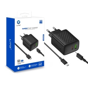 Incarcator pentru Priza, USB, USB-C, 65W, Cablu USB-C Inclus, Lito LC24T, Negru
