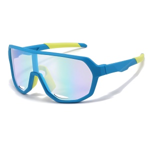 Ochelari de Soare Copii, 4-10 Ani, Filtru UV, Lentila Oglinda, Rama TPE, Desing Sport, set cu sticker, Model 22312, Bleu;galben