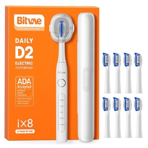 Periuta de dinti electrica Bitvae cu tehnologie ultrasonica, 5 moduri, 8 capete, baterie 60 zile, suport si husa, D2, Alb