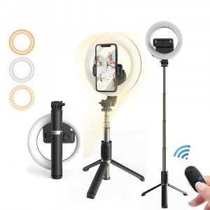 Selfie stick cu trepied si Ring LED, dimensiune 80cm, telecomanda Bluetooth, Skyddar Self - Negru - Img 5