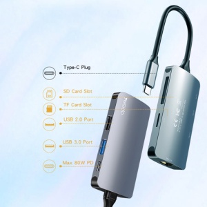 Statie de andocare, USB-C la USB 3.0, SD/TF, RJ45 100Mbps, PD 80W, Aliaj aluminiu, Yesido, Gri - Img 2