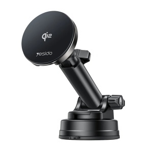 Suport auto cu incarcare wireless, Fixare magnetica, Qi 2.0, 15W, MagSafe, Bord, Parbriz, Grila ventilatie, Yesido, Negru