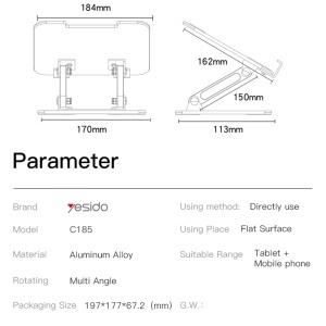 Suport de birou, Pliabil, Pentru telefon si tableta 4.5 - 13 inch, Aliaj aluminiu, Yesido, Argintiu - Img 6