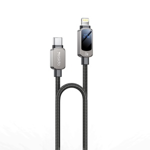 Cablu de date, Type-C la Lightning, Display Digital, 27W, 1.2m, Nailon, Yesido, Negru