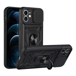 Husa pentru iPhone 11, SKYDDAR INNOVATION, CamShield, Inel magnetic, set cu sticker, Negru