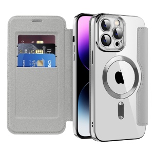 Husa pentru iPhone 14 Pro Max tip carte, SKYDDAR INOVATION, SmartMag Book, Magsafe, RFiD, Suport Carduri, set cu sticker, Gri