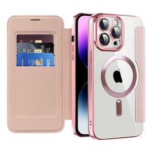 Husa pentru iPhone 14 Pro Max tip carte, SKYDDAR INOVATION, SmartMag Book, Magsafe, RFiD, Suport Carduri, set cu sticker, Roz