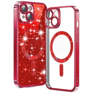 Husa pentru iPhone 15 Plus, SKYDDAR INNOVATION, Luxury Glitter Magsafe, Antisoc, Fundal Detasabil 2-in-1, Protectie Superioara, Margini Ridicate, Rosu, set cu sticker