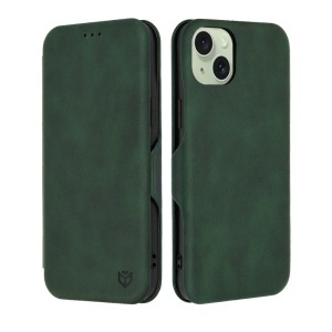 Husa pentru iPhone 15 Plus, SKYDDAR INNOVATION, Safe Wallet tip carte din Piele Ecologica, Suport Carduri, Inchidere Magnetica, Verde, set cu sticker