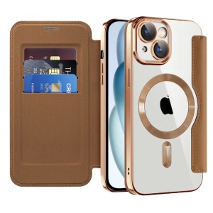 Husa pentru iPhone 15 Plus tip carte, SKYDDAR INOVATION, SmartMag Book, Magsafe, RFiD, Suport Carduri, set cu sticker, Maro