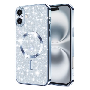 Husa pentru iPhone 16 Plus, SKYDDAR INNOVATION, Luxury Glitter Magsafe, Antisoc, Fundal Detasabil 2-in-1, Protectie Superioara, Margini Ridicate, Bleu, set cu sticker