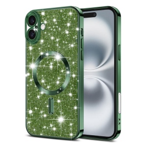 Husa pentru iPhone 16 Plus, SKYDDAR INNOVATION, Luxury Glitter Magsafe, Antisoc, Fundal Detasabil 2-in-1, Protectie Superioara, Margini Ridicate, Verde, set cu sticker