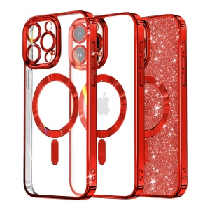 Husa pentru iPhone 16 Pro, SKYDDAR INNOVATION, Luxury Glitter Magsafe, Antisoc, Fundal Detasabil 2-in-1, Protectie Superioara, Margini Ridicate, Rosu, set cu sticker