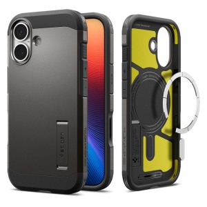 Husa pentru iPhone 17, Antisoc, Spigen Tough Armor T MagSafe, Cenusiu