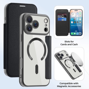 Husa pentru iPhone 17 Pro tip carte, SKYDDAR INOVATION, SmartMag Book, Magsafe, RFiD, Suport Carduri, set cu sticker, Negru - Img 5