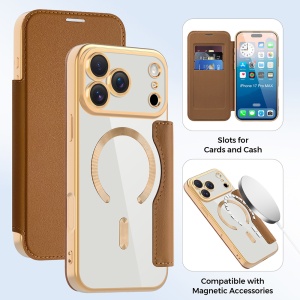 Husa pentru iPhone 17 Pro tip carte, SKYDDAR INOVATION, SmartMag Book, Magsafe, RFiD, Suport Carduri, set cu sticker, Maro - Img 3