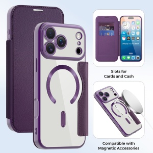 Husa pentru iPhone 17 Pro tip carte, SKYDDAR INOVATION, SmartMag Book, Magsafe, RFiD, Suport Carduri, set cu sticker, Mov - Img 3