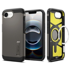 Husa pentru iPhone 17e / iPhone 16e, Antisoc, Spigen Tough Armor MagSafe, Cenusiu