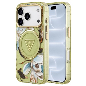 Husa pentru iPhone 18 Pro / iPhone 17 Pro - Guess IML Metal Glitter Flowers Triangle MagSafe - Green