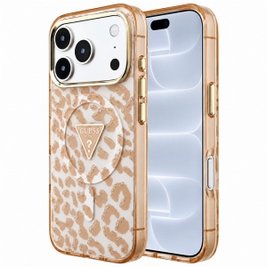 Husa pentru iPhone 18 Pro / iPhone 17 Pro - Guess Leopard Glitter Triangle Logo MagSafe (GUHMP18LHLEGTGLW) - Brown