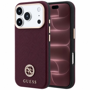 Husa pentru iPhone 18 Pro Max / iPhone 17 Pro Max - Guess Grained Leather Round Strass Logo MagSafe - Burgundy