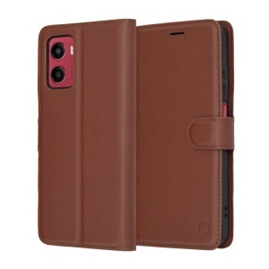 Husa pentru Motorola Moto G05 / Moto E15, SKYDDAR INNOVATION, Leather Folio tip Carte, cu Portofel Interior, Finisaje Premium, set cu sticker, Maro