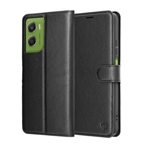 Husa pentru Motorola Moto G06, SKYDDAR INNOVATION, Leather Folio tip Carte, cu Portofel Interior, Finisaje Premium, set cu sticker, Negru