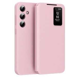 Husa pentru Samsung Galaxy A55 5G tip carte, Skyddar, cu portofel si SmartView, Premium, set cu sticker, Roz