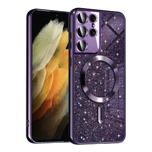 Husa pentru Samsung Galaxy S21 Ultra 5G, SKYDDAR INNOVATION, Luxury Glitter Magsafe, Antisoc, Fundal Detasabil 2-in-1, Margini Ridicate, set cu sticker, Mov