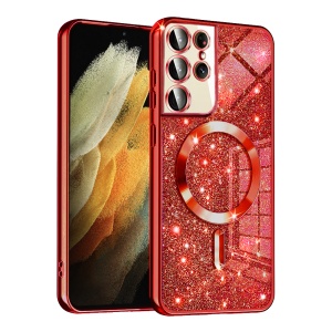 Husa pentru Samsung Galaxy S21 Ultra 5G, SKYDDAR INNOVATION, Luxury Glitter Magsafe, Antisoc, Fundal Detasabil 2-in-1, Margini Ridicate, set cu sticker, Rosu