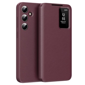 Husa pentru Samsung Galaxy S23 FE tip carte, Skyddar, cu portofel si SmartView, Premium, set cu sticker, Rosu