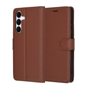 Husa pentru Samsung Galaxy S25 FE, SKYDDAR INNOVATION, Leather Folio tip Carte, cu Portofel Interior, Finisaje Premium, set cu sticker, Maro