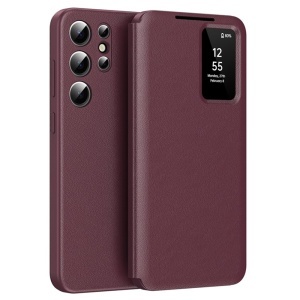 Husa pentru Samsung Galaxy S25 Ultra tip carte, Skyddar, cu portofel si SmartView, Premium, set cu sticker, Rosu