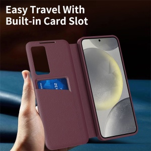 Husa pentru Samsung Galaxy S26 tip carte, Skyddar, cu portofel si SmartView, Premium, set cu sticker, Rosu - Img 7