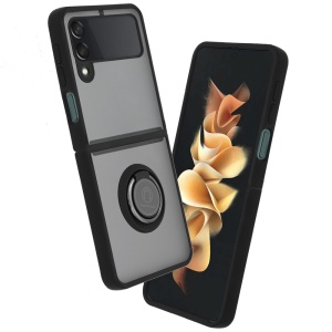 Husa pentru Samsung Galaxy Z Flip3 5G, SKYDDAR INNOVATION, Glinth cu Inel Rotativ 360° Magnetic, Negru, set cu sticker