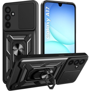 Husa Samsung Galaxy A17 5G cu Inel magnetic, protectie camera, set cu sticker, CamShield, Negru