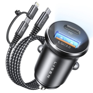 Incarcator Auto 1x USB-A + 1x USB-C cu Cablu 3in1 Type-C/Lightning to Type-C, Compatibil 12-24V, Lisen YL0223080035, Negru
