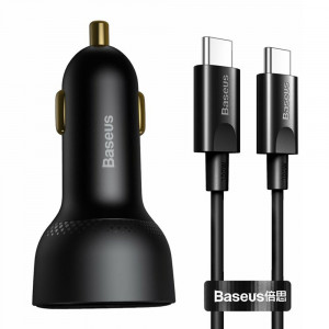 Incarcator Auto USB, Type-C, 100W, 5A + Cablu Type-C to Type-C - Baseus (TZCCZX-01) - Black - Img 1