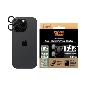 Protectie Camera pentru iPhone 16 Pro / 16 Pro Max, Hoops PanzerGlass®, cu Separare Optica, Sticla Securizata, Anti-Zgarieturi si Anti-Reflexie, Negru
