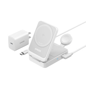 Statie Incarcare 3in1 Wireless 15W Qi2 pentru Apple, Cu Incarcator Retea si Cablu USB-C, MagSafe iPhone + Apple Watch + AirPods, Anker MagGo B2557321, Alb
