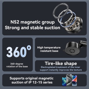 Suport auto telefon, Magnetic N52, Brat telescopic, Ventuza, Yesido, Negru - Img 5