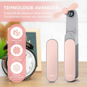 Ventilator Portabil Mini, de Poseta, de Birou, de Mana, Silentios, Pliabil, 1200mAh, SKDR NiniFan - Roz - Img 2