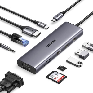 Hub USB-C la Type-C, 3x USB, HDMI, RJ45, Jack 3.5mm, VGA, TF, SD Card, Ugreen CM498, Gri