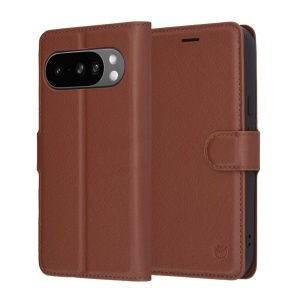 Husa pentru Google Pixel 10 Pro XL, SKYDDAR INNOVATION, Leather Wallet, tip Carte, cu Portofel Interior, Finisaje Premium, Maro, set cu sticker