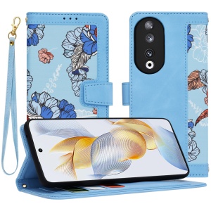 Husa pentru Honor 90 din Piele Ecologică cu Design Floral, Protecție 360°, Stand Integrat, Buzunare pentru Carduri, SKDR Floral Wallet - Bleu