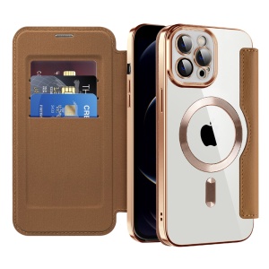 Husa pentru iPhone 12 Pro tip carte, SKYDDAR INOVATION, SmartMag Book, Magsafe, RFiD, Suport Carduri, set cu sticker, Maro