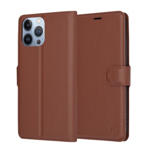 Husa pentru iPhone 13 Pro Max, SKYDDAR INNOVATION, Leather Folio, tip Carte, cu Portofel Interior, Finisaje Premium, Maro, set cu sticker  - Img 1