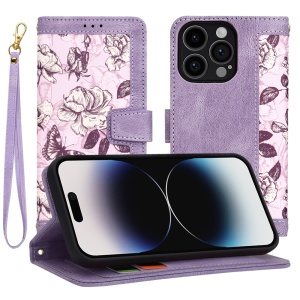 Husa pentru iPhone 14 Pro din Piele Ecologică cu Design Floral, Protecție 360°, Stand Integrat, Buzunare pentru Carduri, SKDR Floral Wallet - Mov