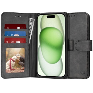 Husa pentru iPhone 15 Plus, SKYDDAR INNOVATION, Diary Book, tip carte, cu Portofel Interior, Antisoc, Negru, set cu sticker